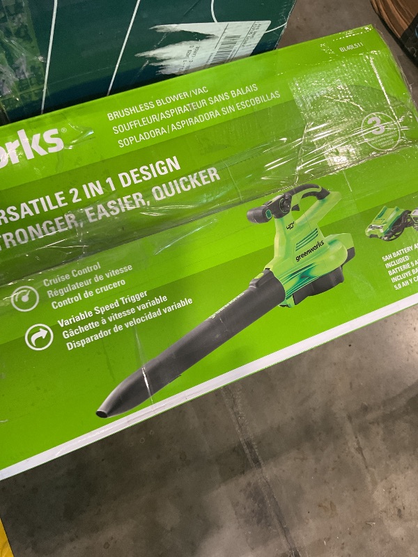 View 2 of [MISSING BATTERY] Greenworks 40V (230 MPH / 505 CFM) Cordless Brushless Leaf Blower/Vacuum with Bag, High Power, Lightweight & Quiet for Yard Debris Cleanup, Includes 5.0Ah Battery & Charger