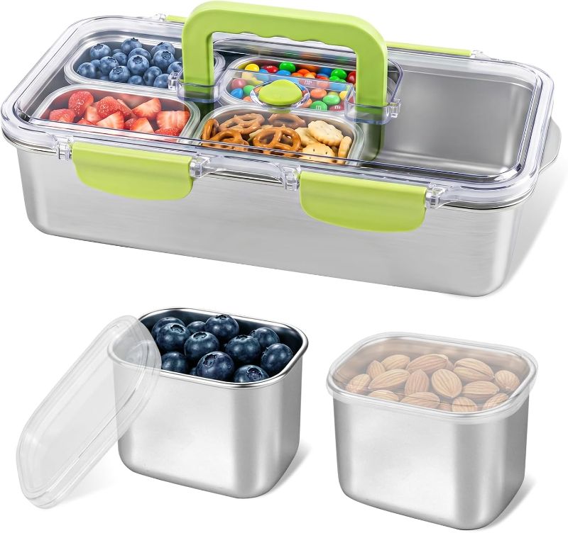 Photo 1 of **TOP SNAP BROKEN****weiwei 6 Compartments Snackle Box Container, Reusable Divided Serving Tray with Lid and Handle, Portable Snack Box Container Snacklebox for Snacks Fruit Candy Picnic Beach Camping, 304 Stainless Steel