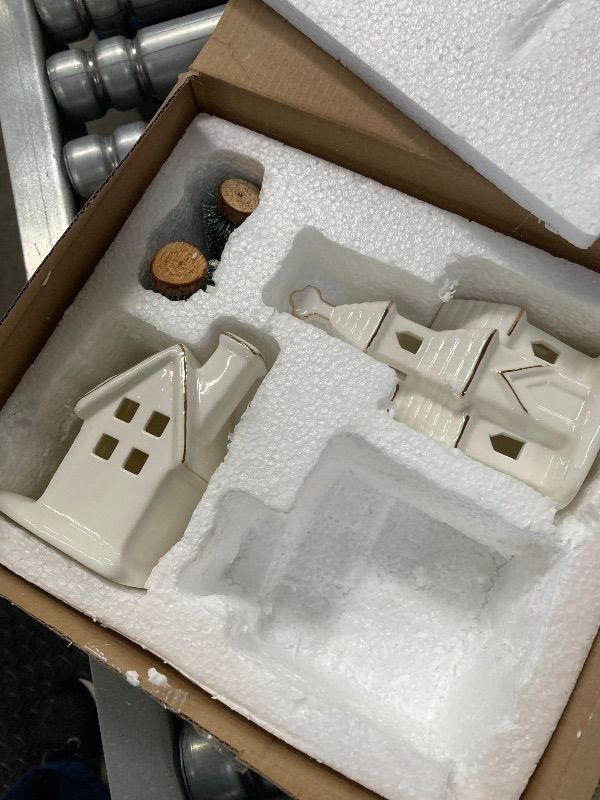 Photo 1 of ***MISSING ONE PIECE -SELLING AS 2 PCS SET ONLY*** White Christmas Village Houses, 2Pcs Glazed Ceramic Houses with 3Pcs Christmas Trees, Small Light Up Xmas Village House Set for DIY, Winter Holiday Home Decor, Tabletop Centerpiece (Battery Operated)