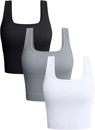 Photo 1 of **MISSING GREY TOP****OQQ Women's 3 Piece Tank Tops Ribbed Seamless Workout Exercise Shirts 2025 Summer Basic Camis Black Grey White  SIZE LARGE