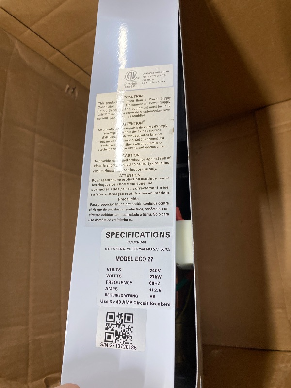 Photo 1 of **PARTS ONLY/NOT IN ORIGINAL BOX***EcoSmart ECO 27 Electric Tankless Water Heater, 27 KW at 240 Volts, 112.5 Amps with Patented Self Modulating Technology, 17 x 17 x 3.5, White