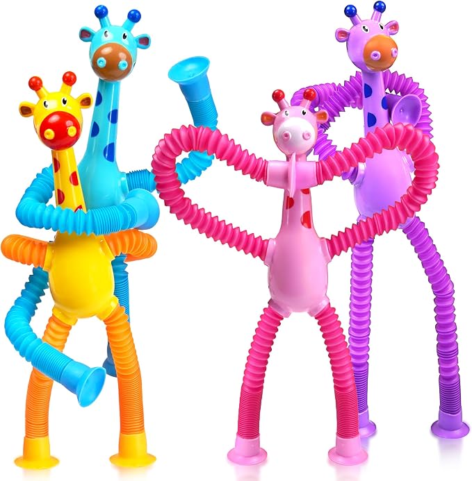 View 1 of Giraffe Sensory Travel Toys 4Pcs for Road Trip Car Ride Airplane Toddler Girl Year Old Ages 3 4 5 6 7 8, Suction Autism Pop Tube Fidget Toy Autistic Valentines Day Stocking Easter Basket Stuffer Gift