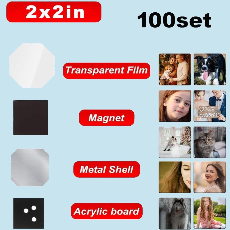 Photo 1 of ** ONLY MATERIALS ** 2x2inch Acrylic Magnet Materials, 100Sets DIY Photo Fridge Magnet Supplies for 50 * 50mm Button Maker Machine Press Square