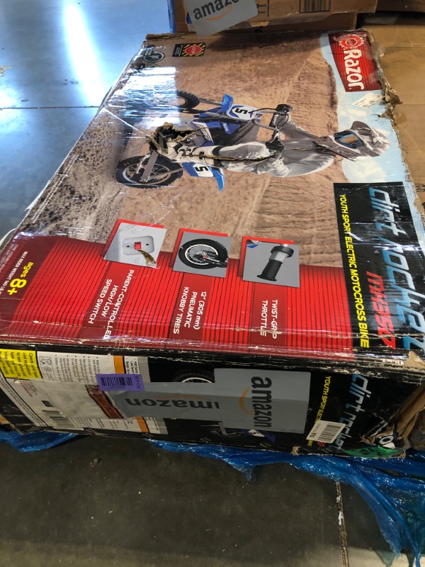 Photo 1 of ***UPDATED 7/31*** Razor MX350 Dirt Rocket Electric Bike for Kids Ages 8+, 140 lb Max Weight, Blue – 24V Battery, Up to 14 Mph, 30-Min Ride Time on High Speed, Twist-Grip Throttle, Spoked Wheels w/ 12” Pneumatic Tires