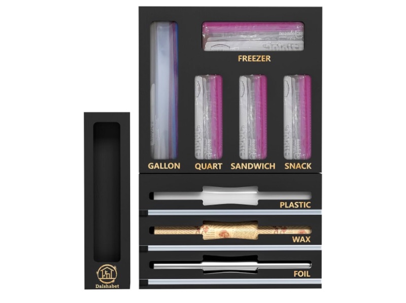 Photo 1 of ***SIMILAR IMAGEN*** DALSHABET 9 IN1 Bamboo Storage Bag Drawer Organizer with Cutter, Foil and Plastic Wrap Dispenser for Kitchen Storage Compatible with All Brands Gallon, Quart, Sandwich & Snack Size Bags - Black