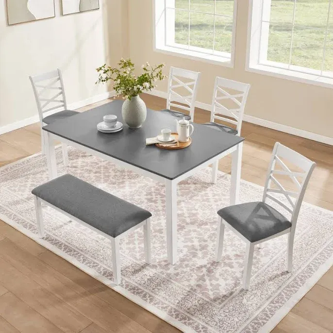 Photo 1 of Wood Dining Table Set with Bench, Rectangular Table for 6, Kitchen, Dining Room, Grey & White Two-Tone