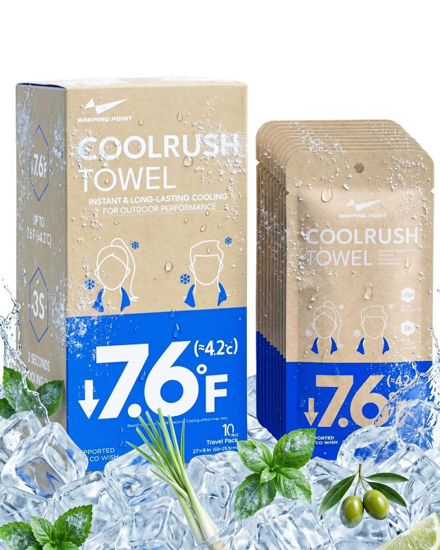 View 1 of ***ONLY 6*** CoolRush Towel for Body–10 Pack Individually Wrapped Cooling Wipes | Instant Cooling Neck Wrap, Alcohol-Free Sweat Cooling Towel for Adults | Reusable, Travel, Gym, Music Festival, Camping Essentials