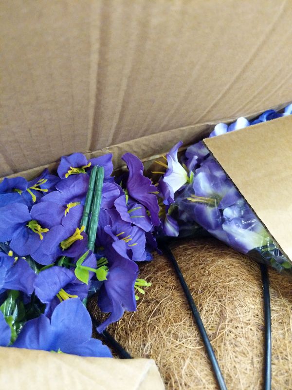 Photo 1 of 2 Set Artificial Petunias Flowers with Hanging Baskets, 24 Pcs Silk Petunia UV Resistant Purple Faux Petunias Flowers with Hanging Planter for Front Door Porch Spring Outside Decor (2, Purple)