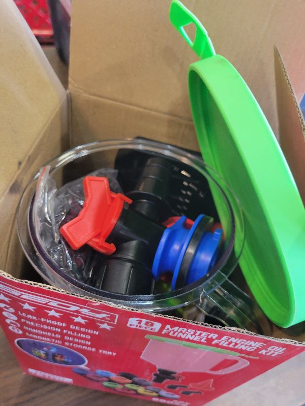 Photo 1 of 18-Piece Engine Oil Funnel Kit, 1.59QT/1.5L Automotive Oil Funnel Set with 12 Adapters, Elbow Fitting, Arrow Screen and Magnetic Storage Hooks Tray, Compatible with GM, Ford, BMW, Audi, Land Rover Etc