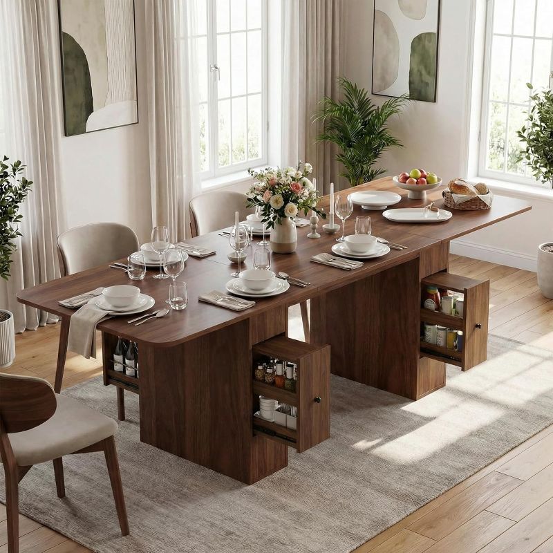 Photo 1 of 63" to 79" Modern Extendable Dining Table, Farmhouse Rectangular Kitchen Table for 6-10 People with 4 Drawers, Space-Saving Dining Room Table with Removable Leaf for Living Room Home Office (Walnut)