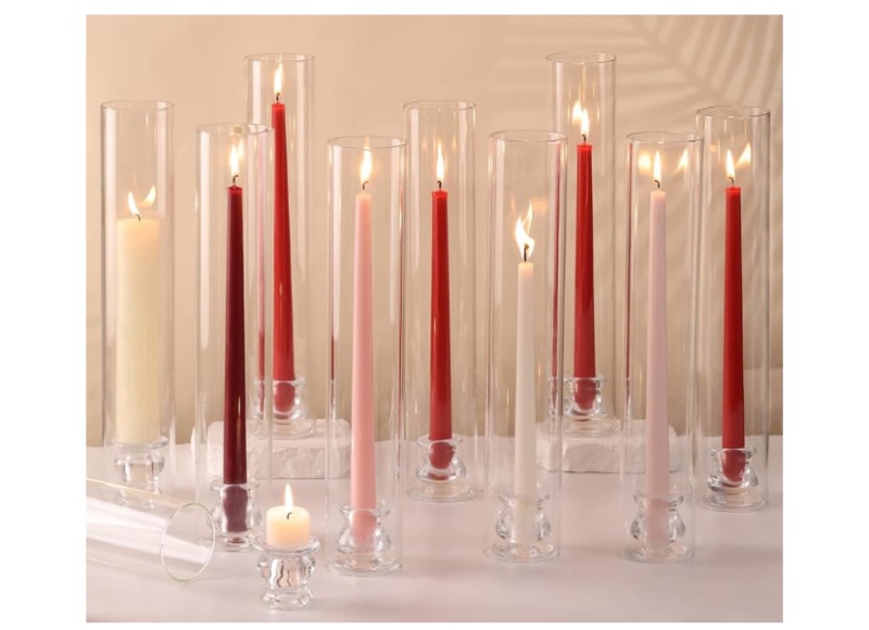 Photo 1 of Volens Hurricane Glass Candle Holders - Set of 12 Candlestick Holders for Taper Candles with Windproof Cylinder Covers 14" Tall Clear Glass Chimney Cover for Wedding Table Centerpiece Fall Home Decor