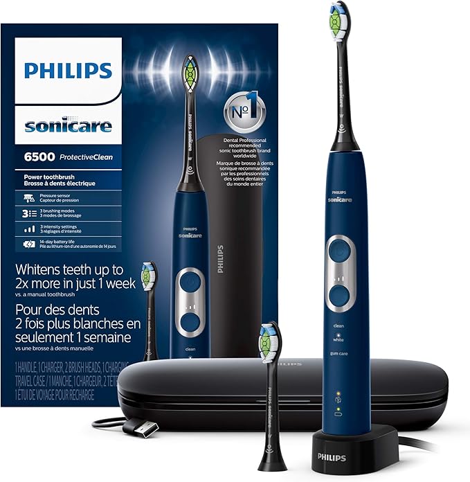Photo 1 of Philips Sonicare ProtectiveClean 6500 Rechargeable Electric Toothbrush, with Pressure Sensor, 3 Cleaning Modes, SmarTimer and QuadPacer, 14-Day Battery Life, Charging Travel Case, Navy Blue, HX6462/07