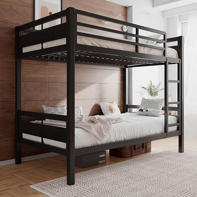 Photo 1 of Einhomn Bunk Bed Twin Over Twin, Heavy Duty Metal Bed with Ladder and Full-Length Guardrail, Under-Bed Storage Space, No Box Spring Needed, Noise Free, Black