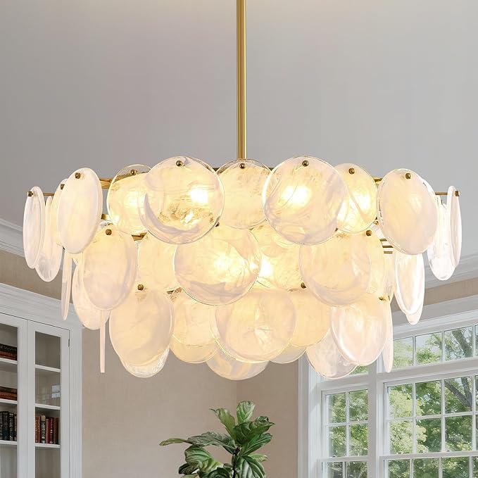 Photo 1 of Large Gold Modern Glass Chandelier, 31.5-inch Round Adjustable Height Hanging Light Fixtures with Cloud Glass Shade, Luxury Hanging Fixture for Living Room, Foyer, Bedroom, E12 Base Crystal Lighting
