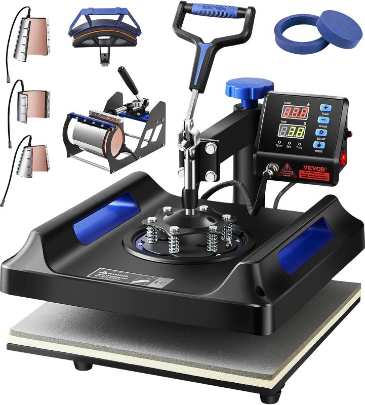 Photo 1 of VEVOR 8 in 1 Heat Press Machine 15x15 Inch, 360° Swing Away Shirt Press Machine - Digital Professional Heat Transfer Tshirt Press Machine, Sublimation Heat Press for T Shirts Hat Cap Mug Plate Blue