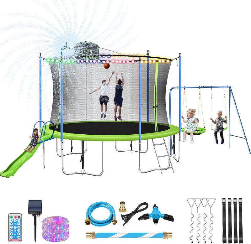 Photo 1 of Lyromix 12FT 14FT Trampoline with Slide and Swings, ASTM Approved Outdoor Trampoline with Basketball Hoop and Ladder, Capacity for 5-7 Kids and Adults