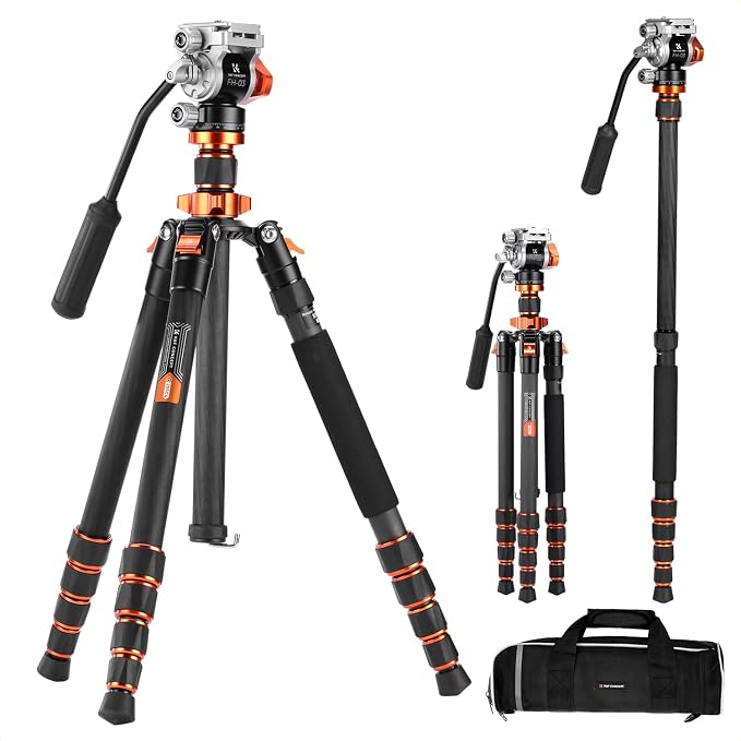 Photo 1 of K&F CONCEPT 68'' Carbon Fiber Tripod with Fluid Head | Max Load 11lbs, Lightweight DSLR Tripods & Monopods for Canon Sony Nikon, O255C4+FH-03