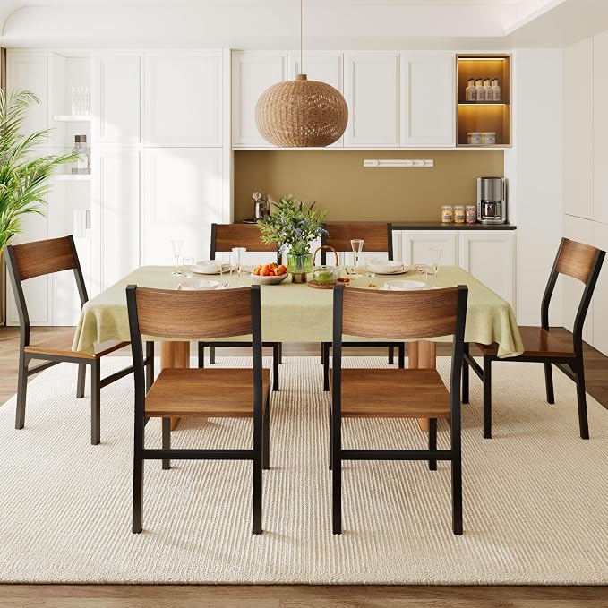 Photo 1 of Feonase Dining Chairs Set of 6, Modern Kitchen Chairs with Ergonomic Backrest, MDF Board and Metal Legs, Dinner Chairs for Dining Room, Kitchen and Living Room, Walnut