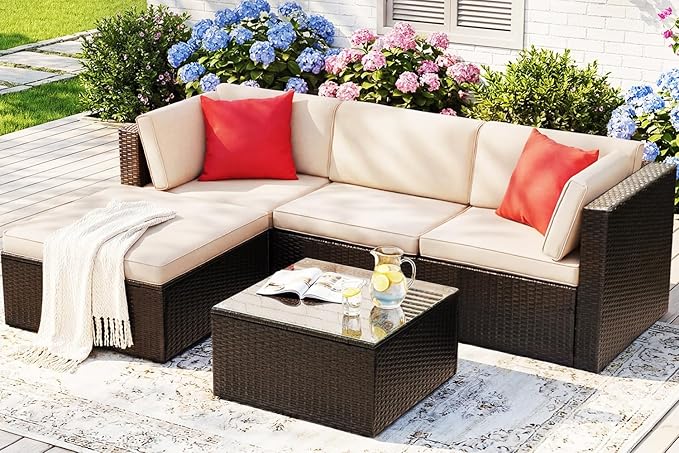 Photo 1 of ITEM IS MISSING PARTS. UNSURE WHAT PARTS ARE MISSING.-----------------------------------------Devoko 5 Pieces Patio Furniture Sets All Weather Outdoor Sectional Patio Sofa Manual Weaving Wicker Rattan Patio Seating Sofas with Cushion and Glass Table (Beig