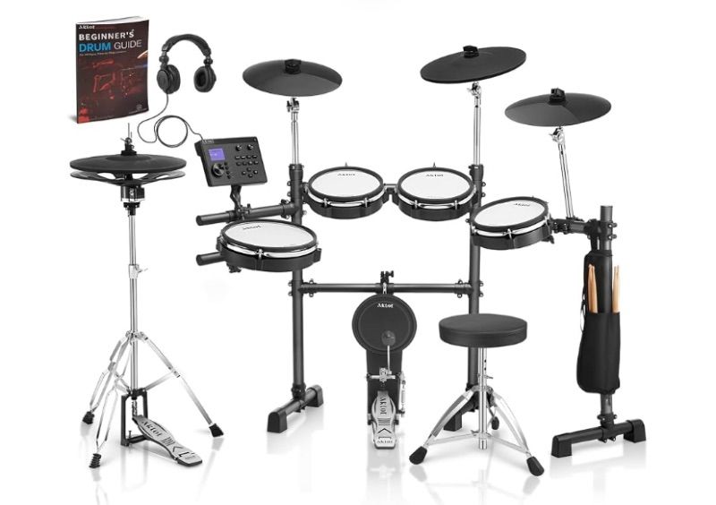 Photo 1 of AKLOT Expanded-Size Electric Drum Set: 12'' Two-Piece Standalone Hi-Hat, Independent Kick Drum and 10'' Dual-Zone Snare, 12'' Triple-Zone Ride Cymbal, All Mesh Heads, 460 Sounds, (Single Bass Pedal) (factory sealed)