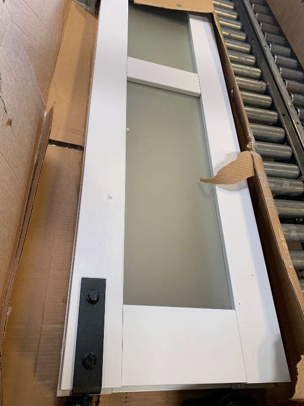 Photo 1 of Double 18 x 84in 3-Panel Sliding Barn Door with Frosted Glass and 6.6FT Hardware Kit - Waterproof, Easy Assembly, Pre-Drilled Holes - Suitable for Openings up to 34in x 82in, White