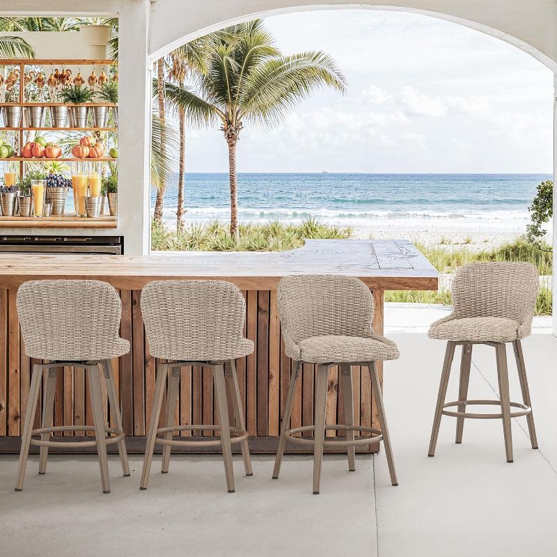 Photo 1 of Cozyman Swivel Outdoor Bar Stools Set of 4, 27" Counter Wicker Patio Chair - Waterproof & All-Weather, Boho Coastal Bar Stools with Backrest for Porch,Kitchen Island,Patio,Pool,Apricot