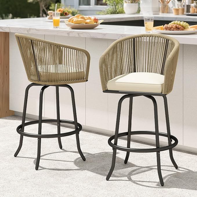 Photo 1 of DWVO Outdoor Counter Height Bar Stools Set of 2, Patio Swivel Bar Chairs with Soft Cushions, 360° Rotation, Bar Height Rattan Chairs for Backyard, Poolside, Garden, Beige
