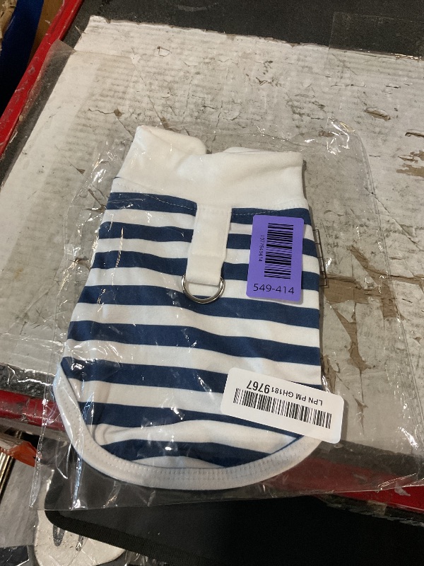 View 2 of (Navy S) Dog Polo Shirt with D-Ring Harness Loop, Striped Pet T-Shirt for Small Dogs & Cats, Soft Cotton Puppy Apparel, Navy Blue or Red Stripe Casual Pet Outfit (Navy Blue Stripes, Small)