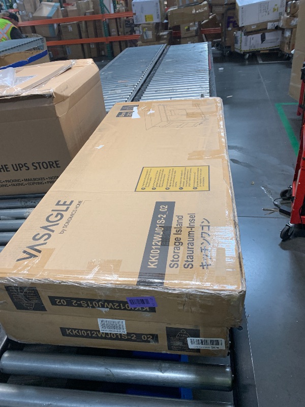 Photo 1 of ****PARTIAL SET , MISSING BOX 1/2 **** VASAGLE Mobile Kitchen Island with Drop Leaf, Portable Island with Spice Rack, Mobile Cart with Storage Cabinet, 17.7-28.7 x 49.3 x 36 Inches, for Dining Room, Rustic White and Honey Brown UKKI012W01