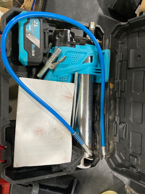 Photo 1 of Electric Grease Gun Kit, 12,000 PSI Max Pressure, 5.3 oz/min Flow Rate, Heavy Duty Cordless Grease Gun Battery Powered with Air Bleeder Valve, 2X 4.0Ah Batteries, 39.4" Flexible Hose, Cyan