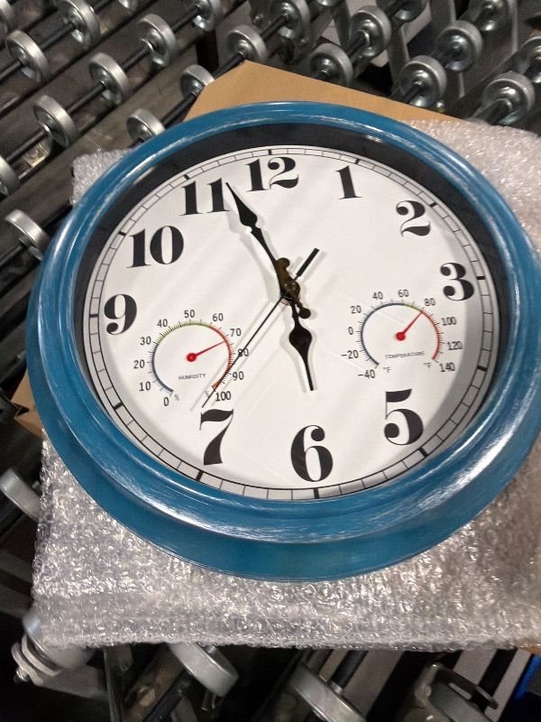 Photo 1 of *** NOT WORKING ** JENLYSTIME 13 Inch Outdoor Clock, Waterproof and Silent, with Thermometer and Hygrometer, Large Numbers for Easy Reading, Perfect for Home,Office,Bedroom,Kitchen,Porch,Garden,Pool(Blue)