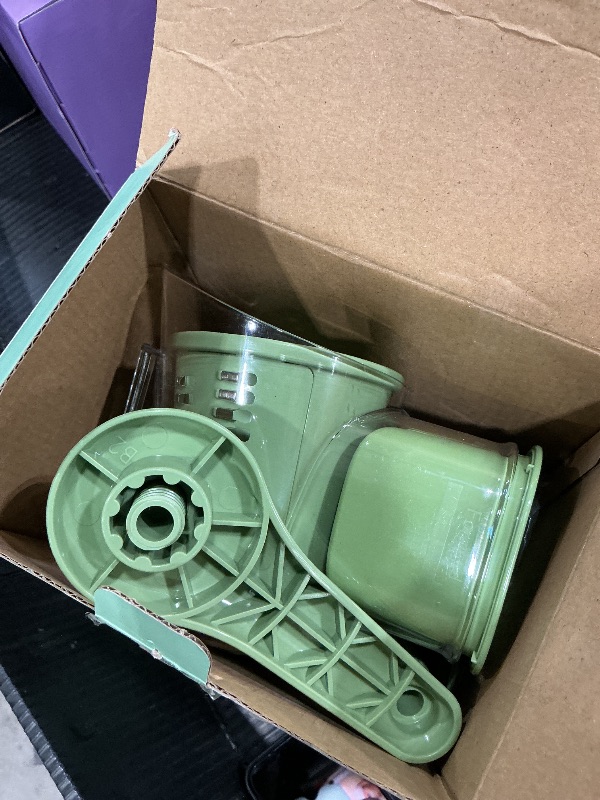 Photo 1 of [KNOB IS BROKEN] SUSTEAS Rotary Cheese Grater with Handle - Vegetable Shredder with 5 Well-designed Blades & Strong Suction Base,Round Mandoline Slicer & Food Chopper for Kitchen,with Blade Storage Box(Retro Green)