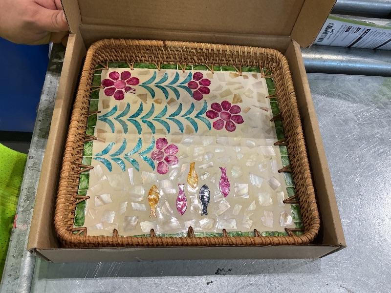 Photo 1 of 1 pcs Rectangle Rattan Serving Tray with Mother of Pearl Inlay, Decorative Wicker Tray for Coffee, Bread, Fruits, Elegant Table Decor for Living Room & Dining Room