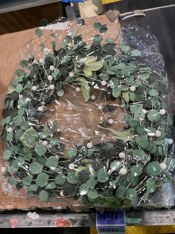 Photo 1 of  Artificial Eucalyptus Wreath for Front Door 21 Inch with Greenery Leaves Green White Berries Silk Dollar Leaves for Spring Summer Farmhouse Window Porch Wall Home Indoor Outdoor Decor