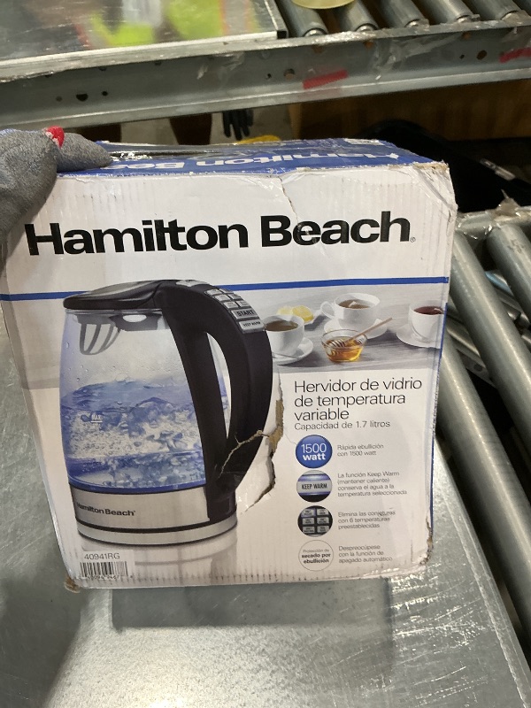 Photo 1 of **DIRTY**
Hamilton Beach 1.7L Electric Tea Kettle, Water Boiler & Heater, LED Indicator, Built-In Mesh Filter, Auto-Shutoff & Boil-Dry Protection, Cordless Serving, Variable Temp, Clear Glass (40941R)LPNO554636631