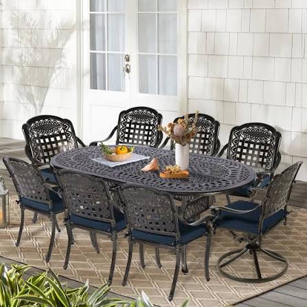 Photo 1 of ***STOCK PHOTO FOR REFERENCE ONLY***
VIVIJASON 9-Piece Outdoor Dining Set, Cast Aluminum Retro Patio Furniture Table and Chairs Set for 8, Include Large 64" Square Dining Table and 8 Chairs with Umbrella Hole for Deck Porch