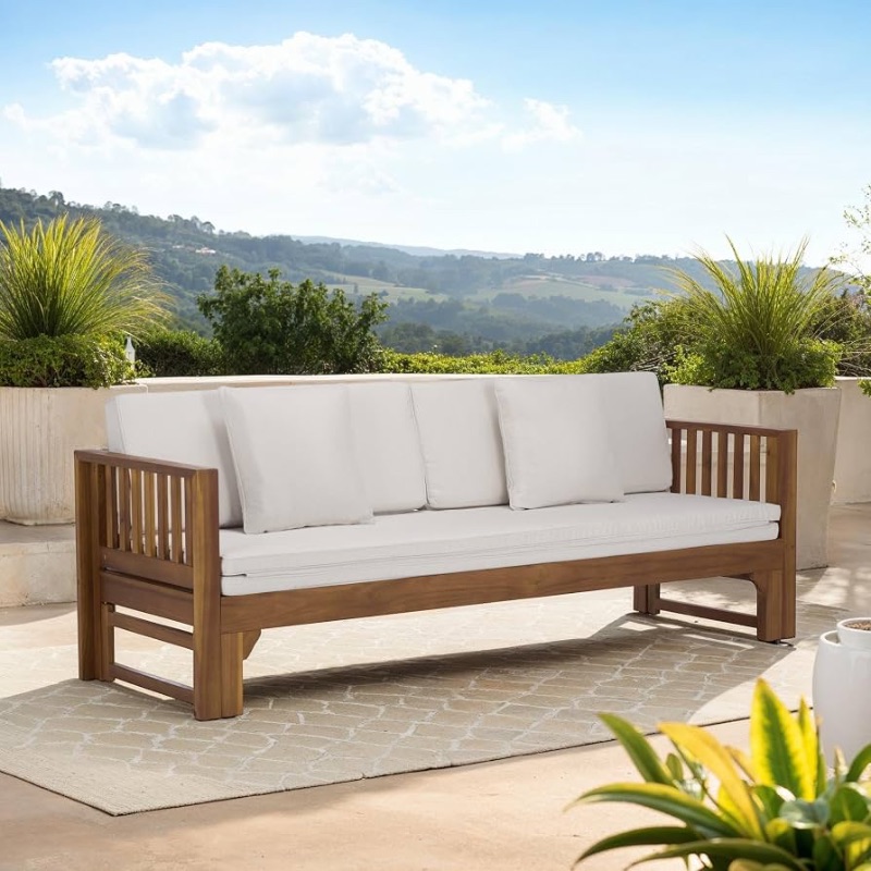 Photo 1 of ***PARTIAL SET - PRICE ADJUSTED******STOCK PHOTO FOR REFERENCE ONLY*** SAFAVIEH Outdoor Patio Furniture Collection - Napoli Brown & Cream Solid Wood Bench Convertible Daybed with Cushions, Versatile Patio Seating (PAT6805A