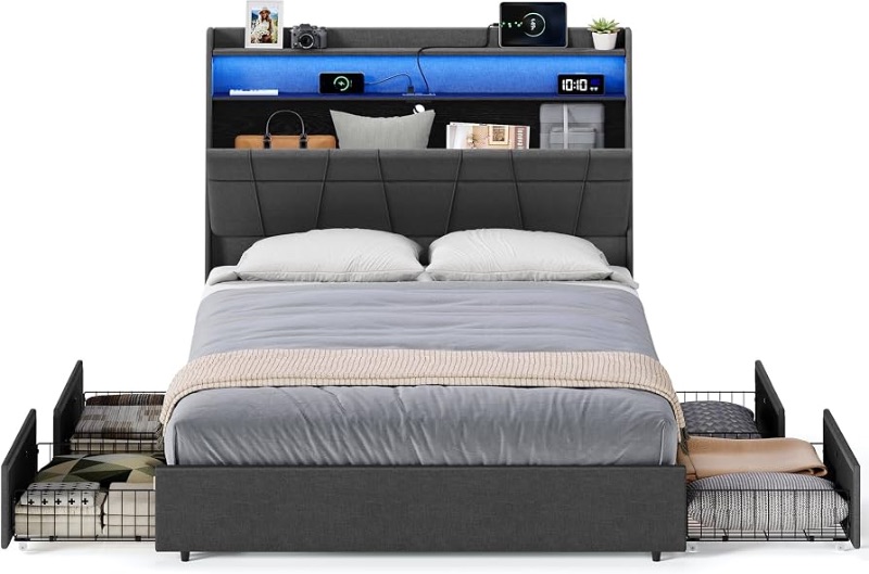 Photo 1 of ***PARTIAL SET - PRICE ADJUSTED*** VASAGLE Queen Bed Frame with 51.4 Inch Tall Storage Headboard, Bed Frame Queen Size with 4 Storage Drawers on Wheels, LED Lights, Charging Station, No Box Spring Needed, Modern, Dark Gray URMB891G02
