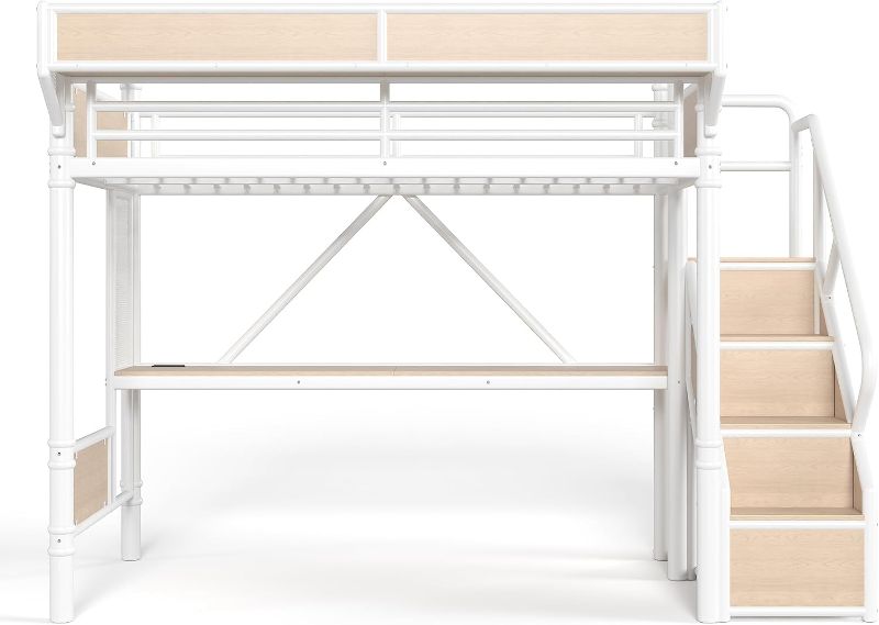Photo 1 of ***STOCK PHOTO FOR REFERENCE ONLY, PARTIAL SET***Twin XL Size Loft Bed Frame with Desk, LED,Wardrobe,USB, White | Heavy-duty steel frame, 550 lbs cap. Desk, stairs & beside shelves save space. Great for teens, dorms & apartments