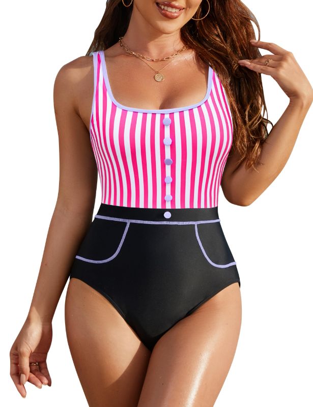 Photo 1 of **COLORS ARE BLACK AND WHITE****BMJL Womens Tummy Control Swimsuits Retro Vintage One Piece Bathing Suits Slimming Color Block Stripes Swimwear( SIZE LARGE BLACK CHECKERS
