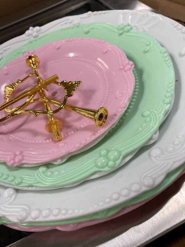 Photo 1 of ***USED -SELLING AS INCOMPLETE PARTS ONLY*** Fasmov  3 Tier Plastic Cupcake Stand, Dessert Plates Cake Fruit Candy Display Tower Reusable Pastry Platter for Wedding Birthday Baby Shower Tea Party Decorations - White Pink Green