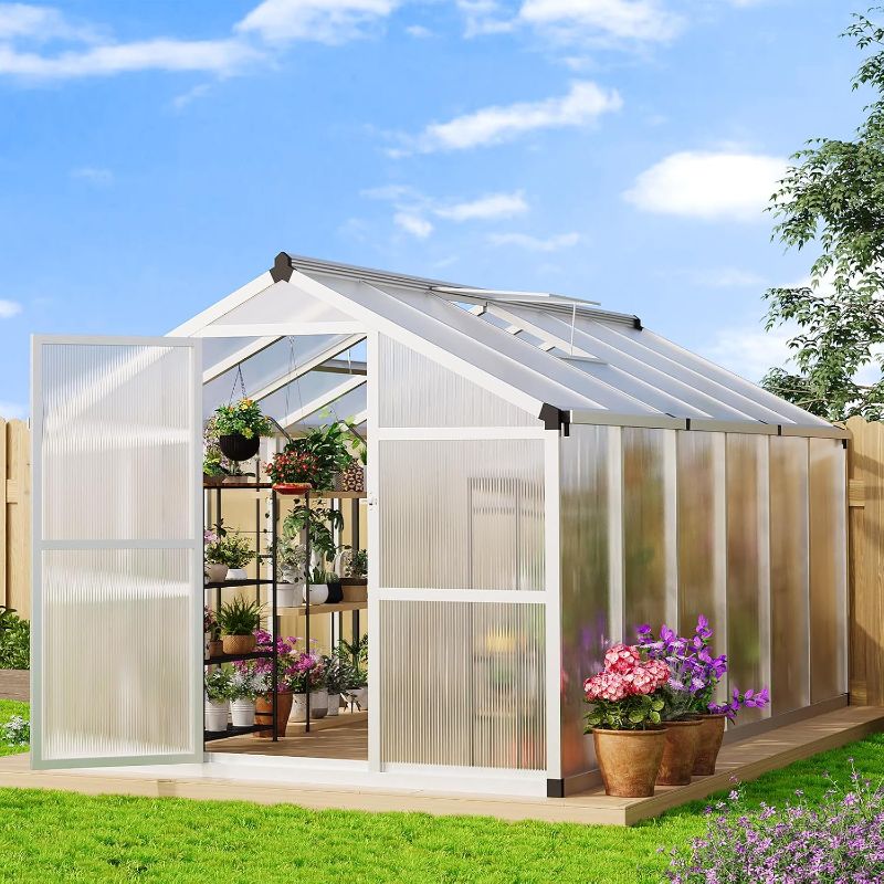 View 1 of 
8 x 12ft Polycarbonate Greenhouse for Outdoors – Heavy Duty Aluminum Walk-in Greenhouse with Lockable Door, Adjustable Roof Vent, Quick Setup – Ideal for Garden, Patio, Backyard Planting
