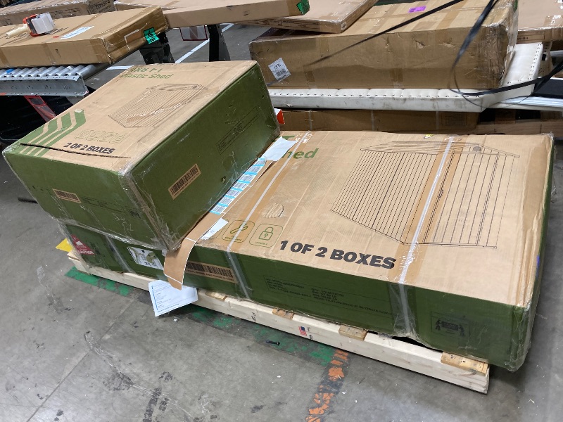 Photo 1 of ***2 BOXES -MISSING HARDWARE SELLING AS IS *** Patiowell 4x8 FT Plastic Outdoor Storage Shed with Floor, Garden Tool Shed with Two Windows and Single Lockable Door for Garden, Backyard, Lawn, Easy to Install, Dark Grey