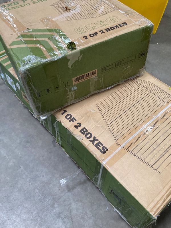Photo 1 of ***2 BOXES -MISSING HARDWARE SELLING AS IS *** Patiowell 4x8 FT Plastic Outdoor Storage Shed with Floor, Garden Tool Shed with Two Windows and Single Lockable Door for Garden, Backyard, Lawn, Easy to Install, Dark Grey