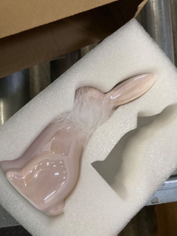 Photo 1 of **MISSING SMALL BUNNY***RM ROOMERS 2PCS Easter Bunny Figurine Decoration, Pink Ceramic Rabbit Statues with White Fluff on Neck, Porcelain Bunnies Spring Gifts for Indoor Tabletop Home Aesthetic Decor Farmhouse Wedding