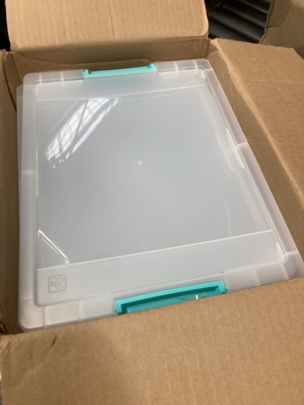 Photo 1 of **missing **IRIS USA 12 Qt. Craft Storage Bins with Lids, 4-Pack, |Made in USA|, Clip Box, Medium Plastic Sensory Bin Tote Organizer Containers for Art Supplies, Paper, & Office, Stackable - Clear/Seafoam Blue