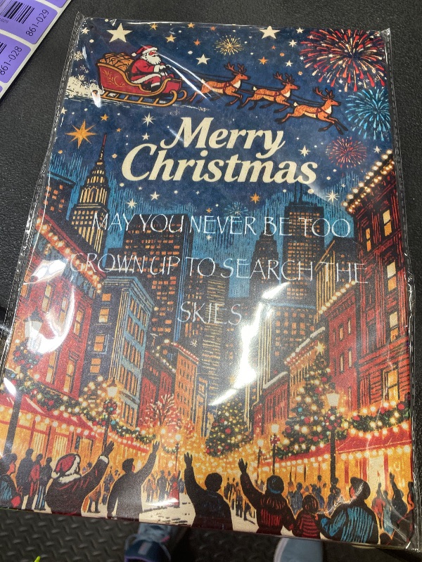 Photo 1 of ?UrLLssMo Vintage Christmas Tin Sign - 12x8 Inch - Featuring Santa's Sleigh Ride Over Festive Cityscape with the Text "MAY YOU NEVER BE TOO GROWN UP TO SEARCH THE SKIES"?