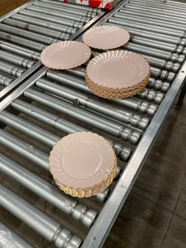 Photo 1 of ***MISSING PIECES -SELLING AS IS*** YOUBET 50PCS Pink Scalloped Plastic Plates - Hard Pink and Gold Fancy Disposable Plates include 30 Gold Dinner Plate, 25 Dessert Plate for Party & Wedding & Baby Shower