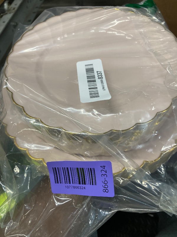 Photo 1 of ***MISSING PIECES -SELLING AS IS*** YOUBET 50PCS Pink Scalloped Plastic Plates - Hard Pink and Gold Fancy Disposable Plates include 30 Gold Dinner Plate, 25 Dessert Plate for Party & Wedding & Baby Shower