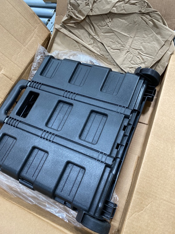 Photo 1 of **BOTTOM IS CRACKED ON SIDE***Inspired Living Collapsible Ultra-Slim Pack-N-Roll,2 Wheel Utility Cart w/Lid used as Seat up to 250 Lbs, Telescopic Handle - Super Strong, for Home, Garden, Shopping, Office, School use, Large, Black